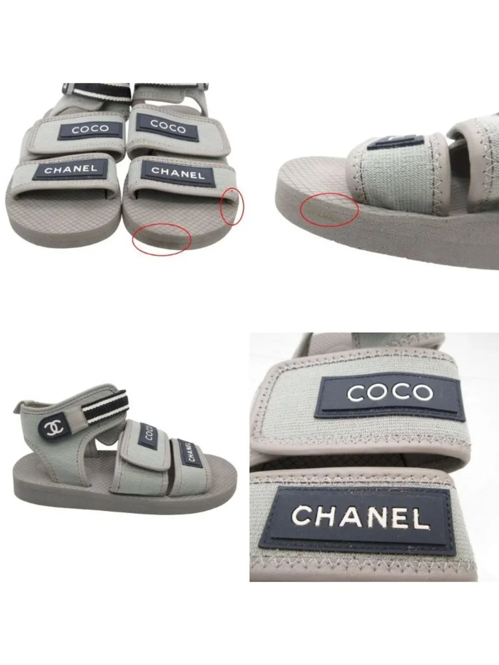 Chanel Sandals Coco Logo Velcro Nylon Canvas Urethane Flat Belt Shoes Gray